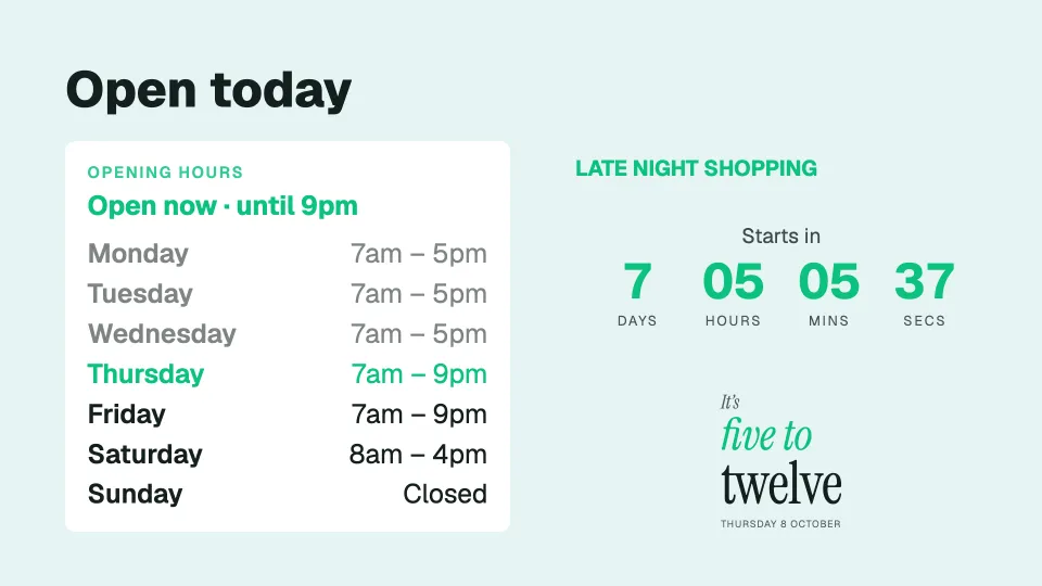 Opening hours and a countdown