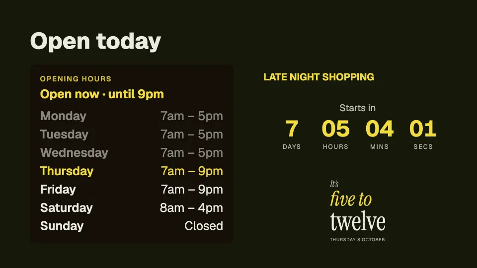 Opening hours and a countdown