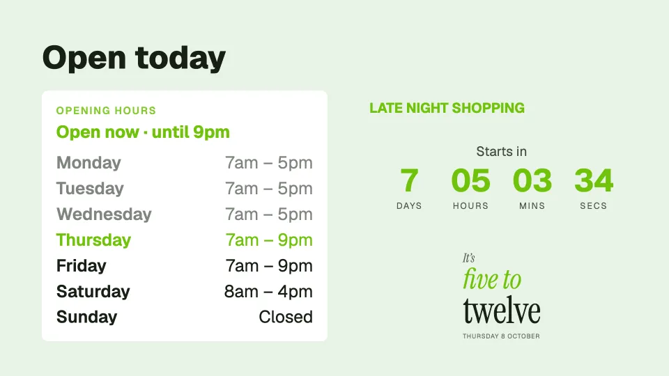 Opening hours and a countdown