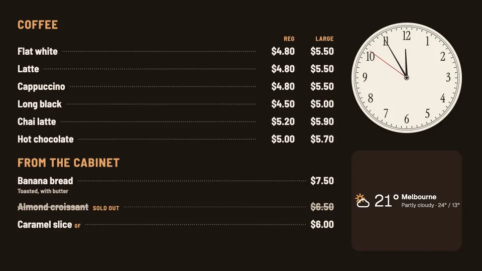 Menu with the time and weather