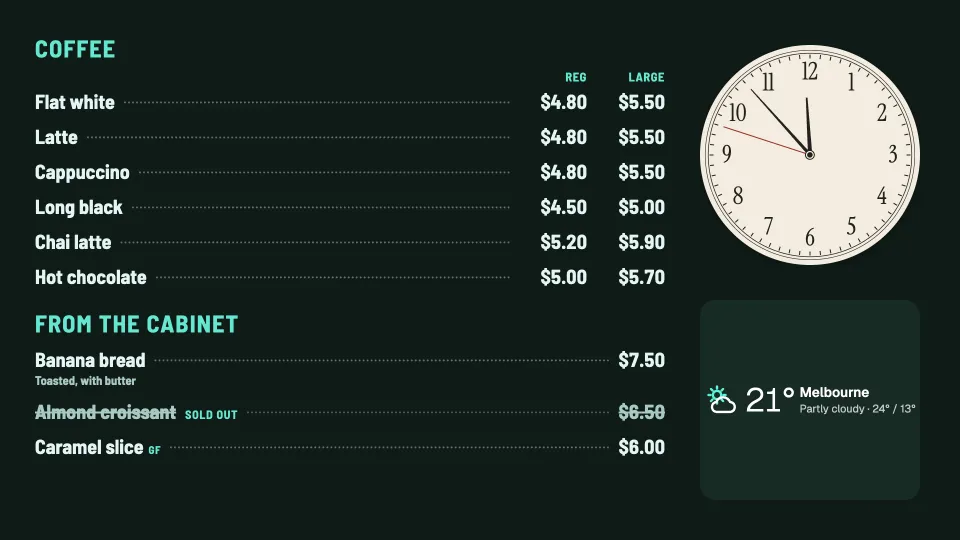 Menu with the time and weather