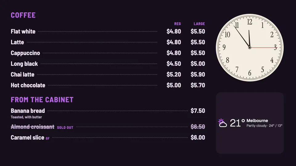Menu with the time and weather