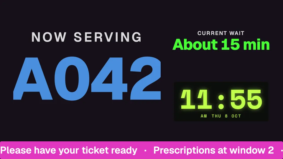 Queue number, wait and time