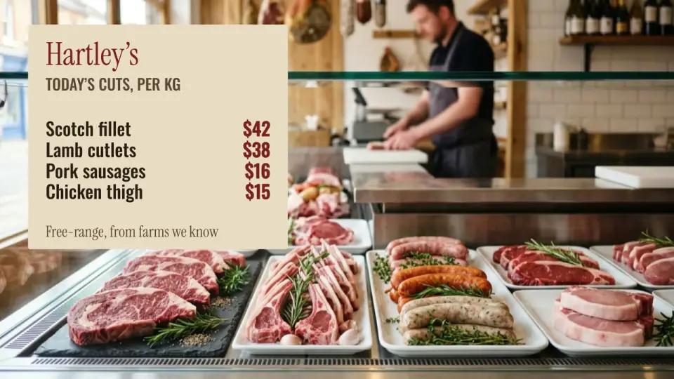 Butcher’s price list, with a photo