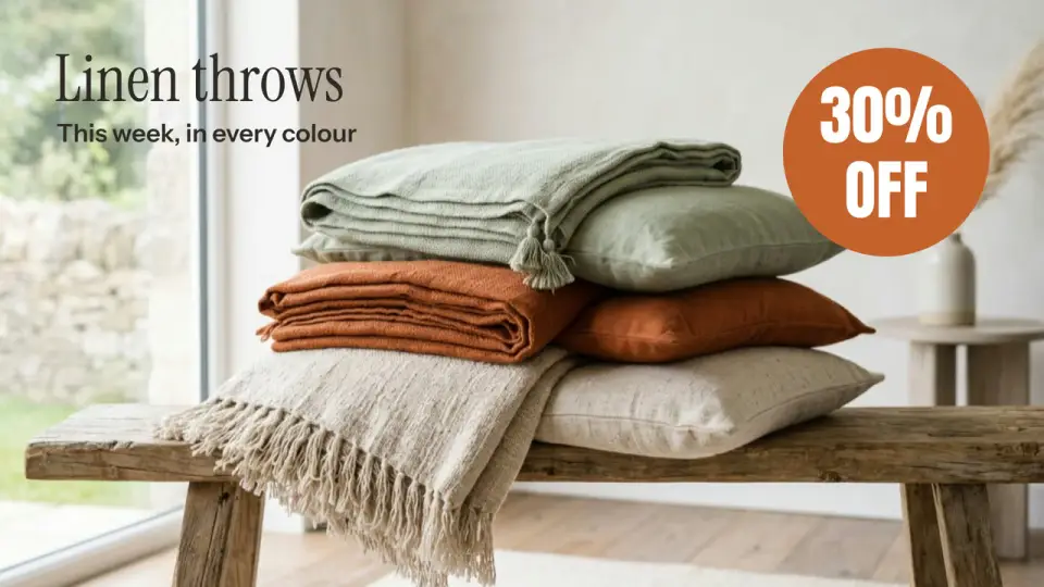 Linen throws, 30% off, with a photo
