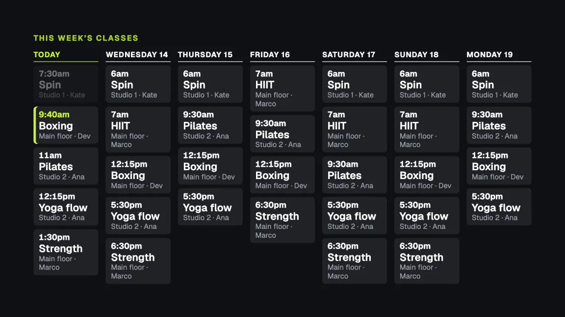 A Dislab screen showing this week’s classes, with the class on now picked out