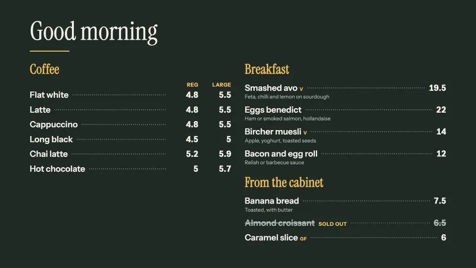 A menu board playing on the TV