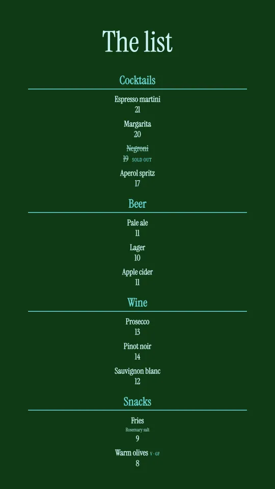 Wine list in portrait