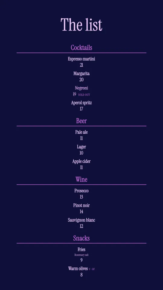 Wine list in portrait