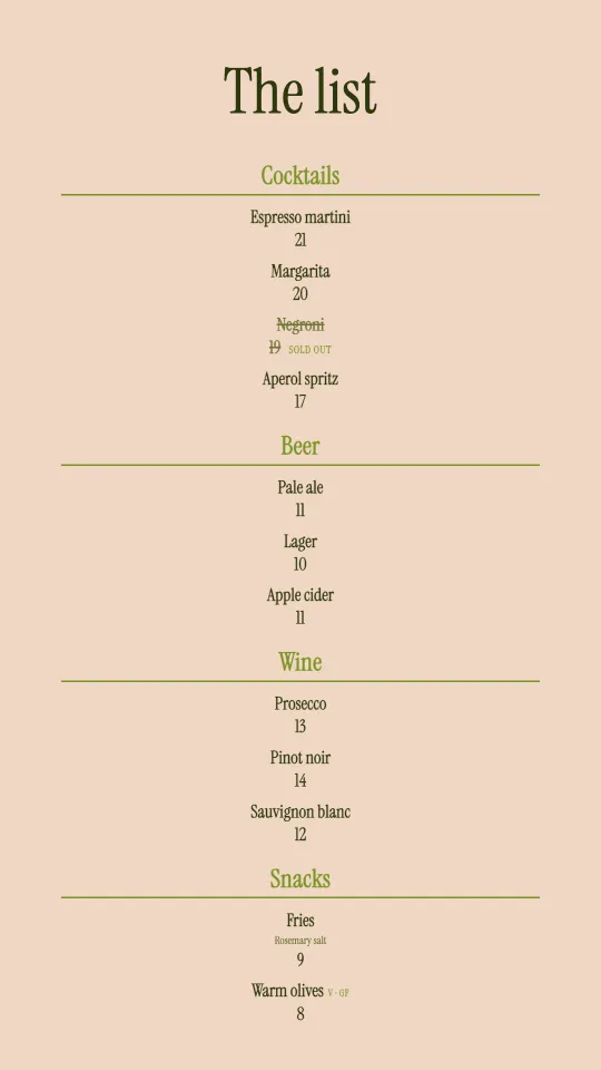 Wine list in portrait