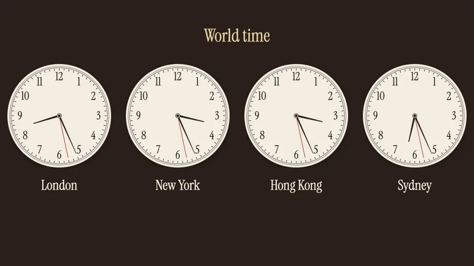 World clocks sign: Newsroom, cream faces with serif numerals