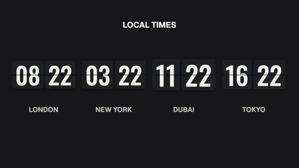 World clocks sign: Local times, flip clocks
