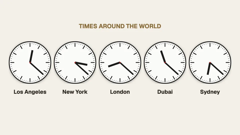 World clocks sign: Hotel lobby, station clocks