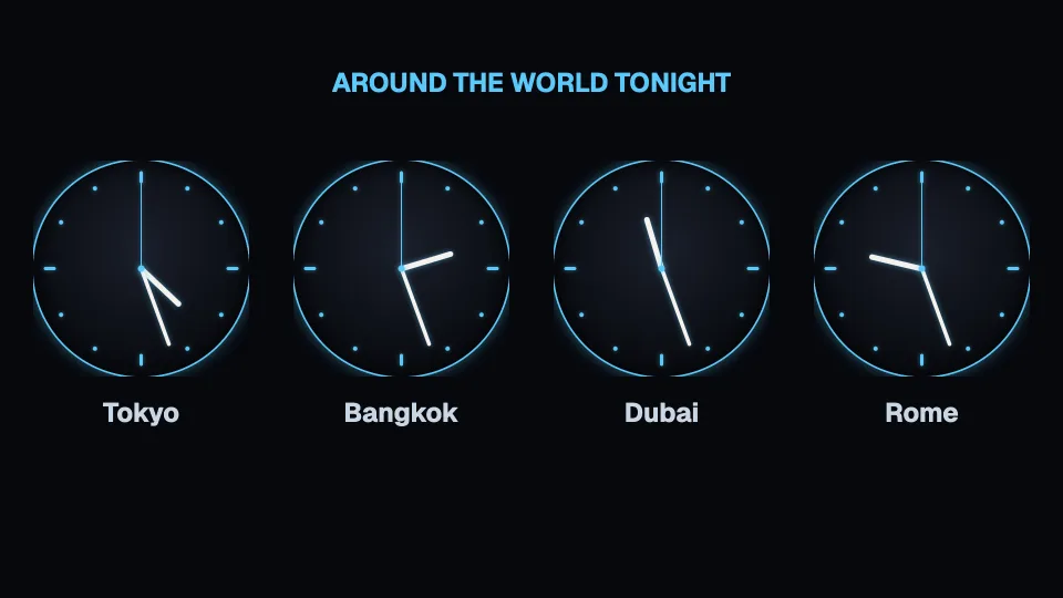 World clocks sign: After dark, glowing dials for a dim room