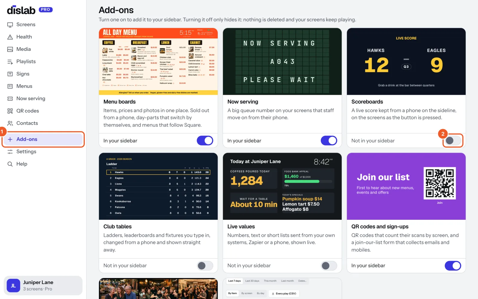 Add-ons, open from the sidebar (marked 1): a tile for each add-on with a picture, what it does and its switch; Scoreboards' switch marked 2.