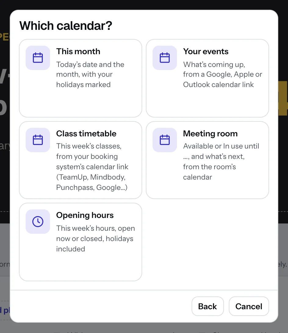 Which calendar?: This month, Your events, Class timetable, Meeting room and Opening hours.