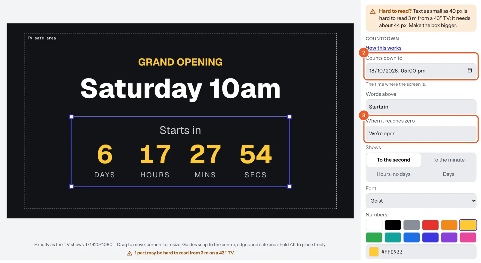 A countdown selected on a grand opening sign, with Counts down to marked 2 and When it reaches zero marked 3.