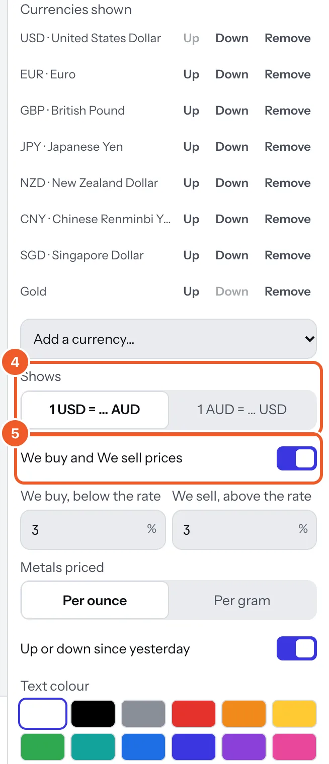 Further down the currency board’s settings: Shows marked 4 and We buy and We sell prices marked 5, set to 3% each way.