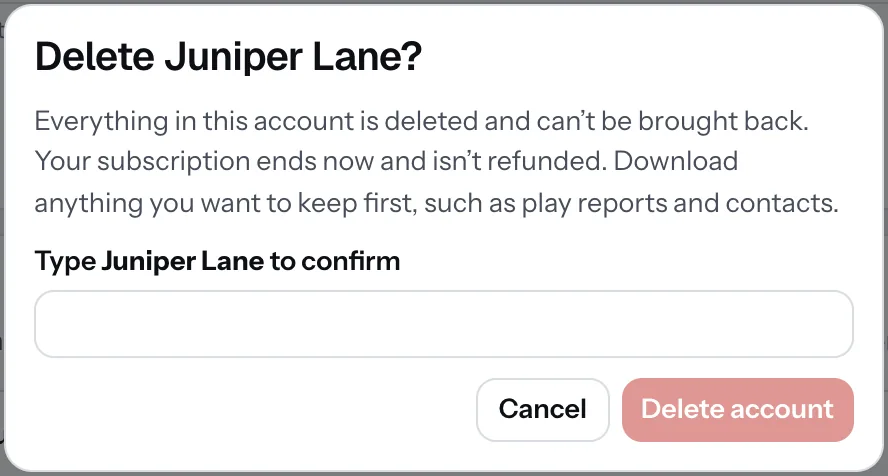 The Delete Juniper Lane? box: what is lost, a box to type the business name to confirm, Cancel, and Delete account.
