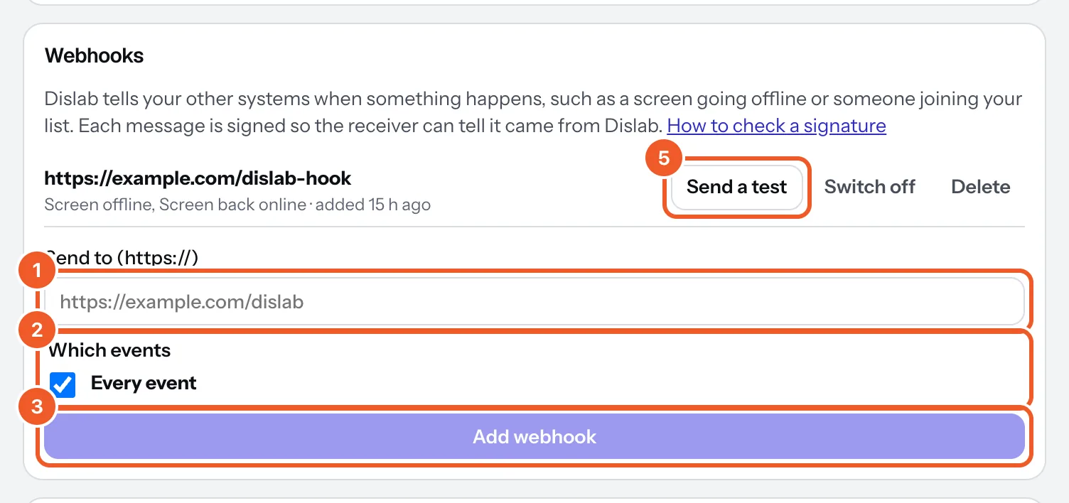 Webhooks in Settings: an address already added with Send a test (marked 5), and the form: the address (marked 1), which events (marked 2) and Add webhook (marked 3).