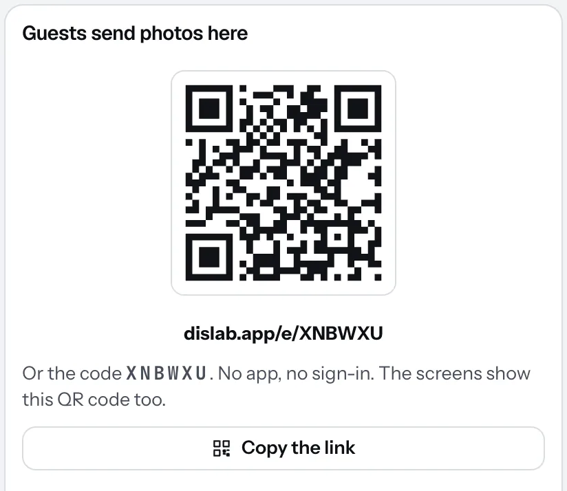 The Guests send photos here card: the event’s QR code, its link and code, and Copy the link.