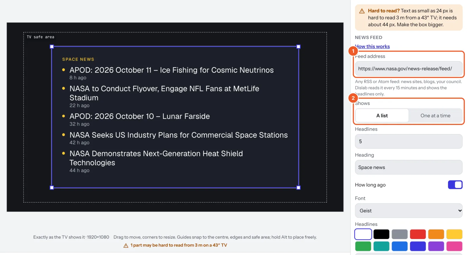 A news feed listing five headlines on a sign, with Feed address marked 1 and Shows marked 2 in its settings.