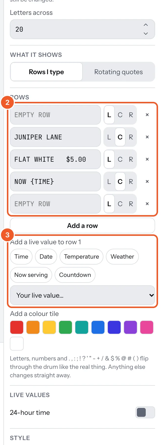 The board’s rows marked 2, and the live values to add to a row marked 3.