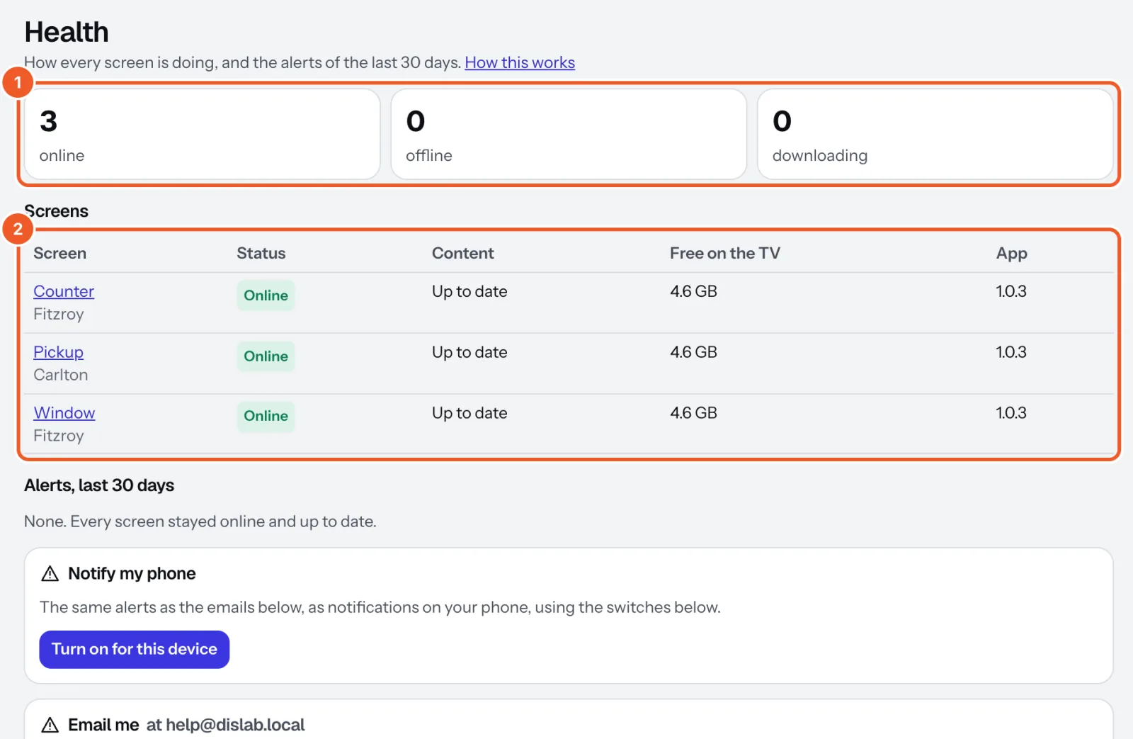 The Health page: screens online, offline and downloading (marked 1), and the table of screens with status, content, free space and app (marked 2).
