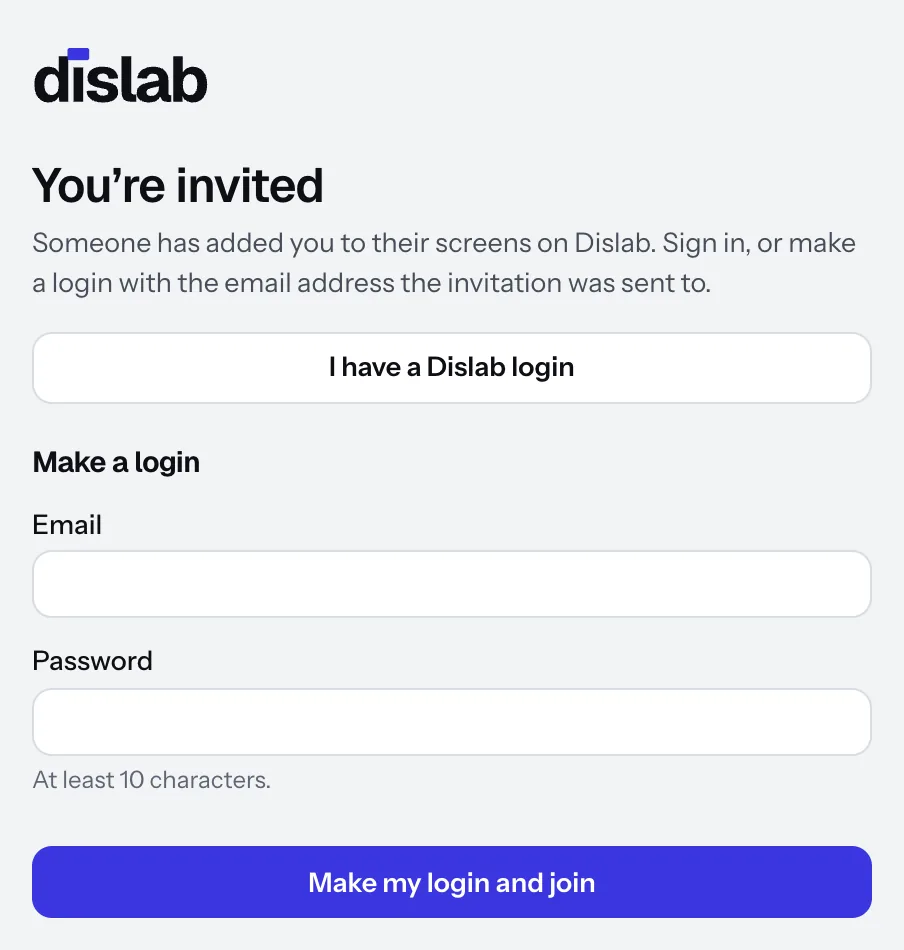 The invitation page for someone not signed in: I have a Dislab login, or make a login with email and password and Make my login and join.