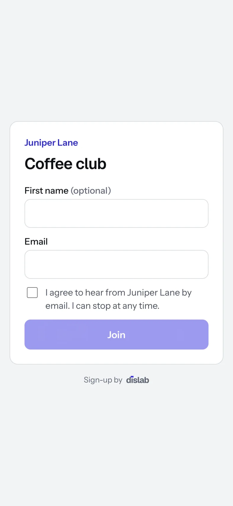 The sign-up form on a phone: Juniper Lane’s Coffee club, first name (optional), email, the tick to agree, and Join.