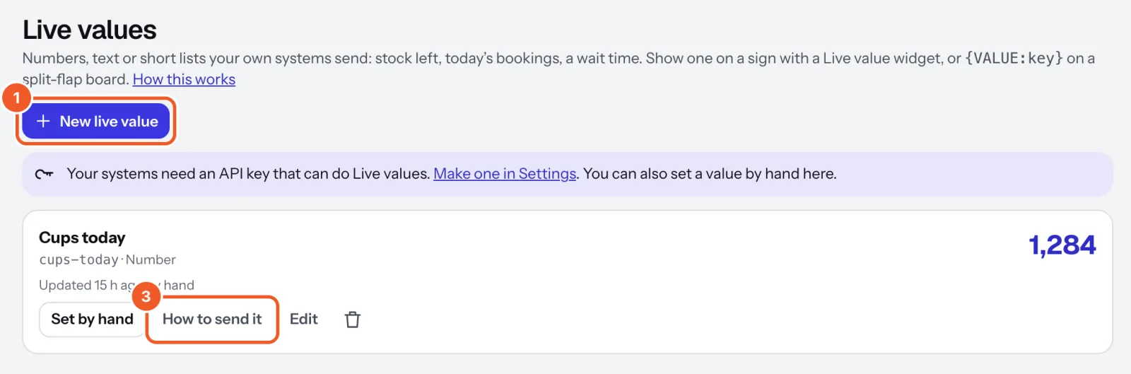The Live values page with New live value marked 1 and a value’s How to send it button marked 3.
