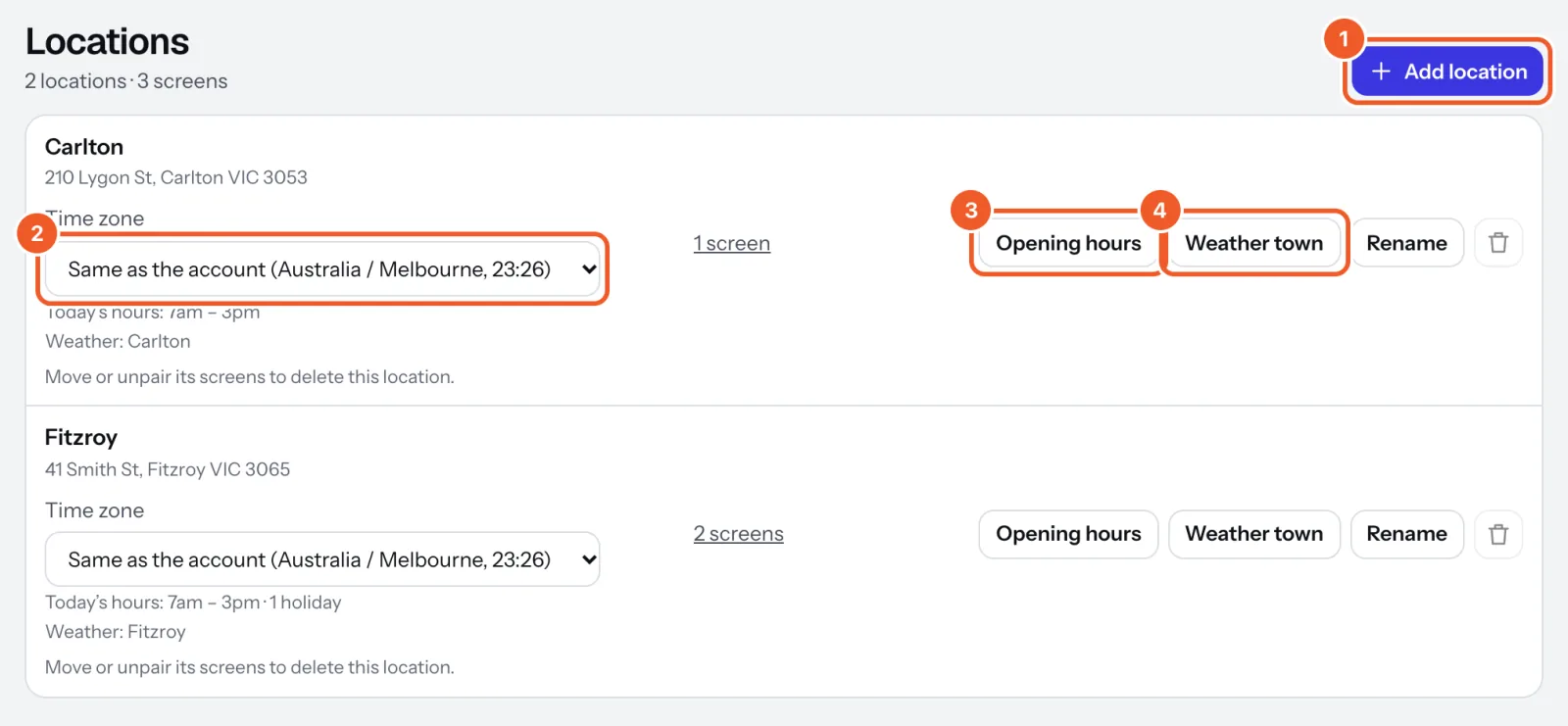 Locations: Add location (1), and for Carlton its Time zone (2), Opening hours (3) and Weather town (4).