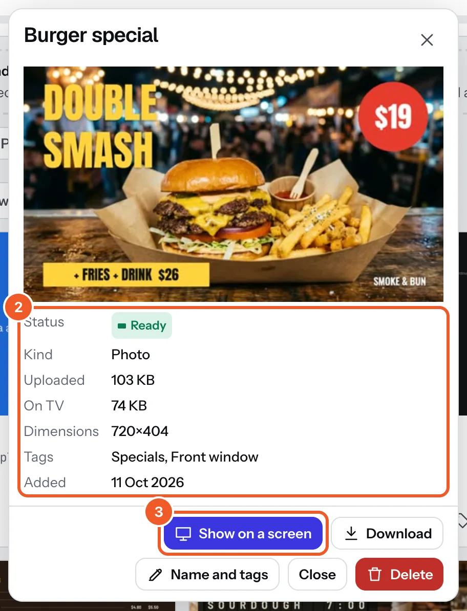 A photo opened in Media: its details (marked 2) and the buttons Show on a screen (marked 3), Download, Name and tags, Close and Delete.