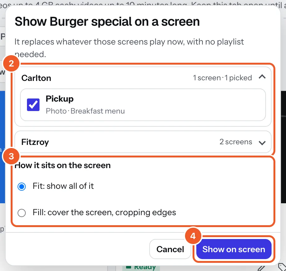 Show Burger special on a screen: the screens by location with Pickup ticked (marked 2), Fit or Fill (marked 3), and Show on screen (marked 4).