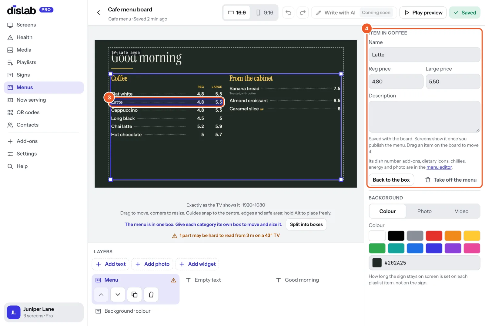 The board in the designer: an item picked on the board (3) and its name, prices and description beside it (4).