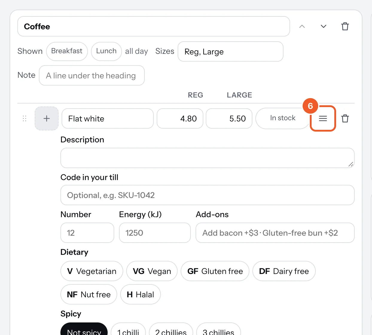 Flat white opened with the three-line button (6), showing Description, Code in your till, Number, Energy, Add-ons and the start of Dietary.