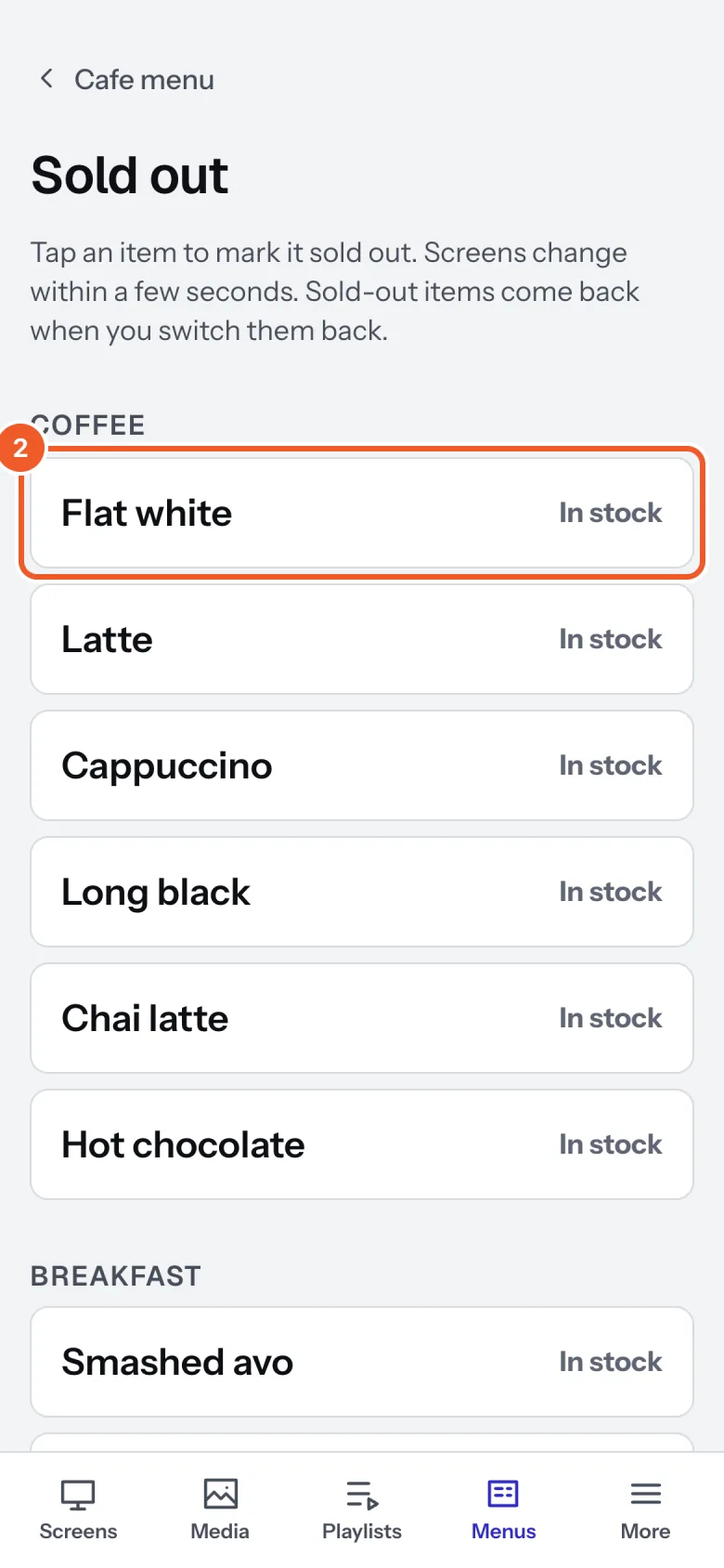 The Sold out page on a phone: each category’s items as big buttons, Flat white marked 2, all showing In stock.