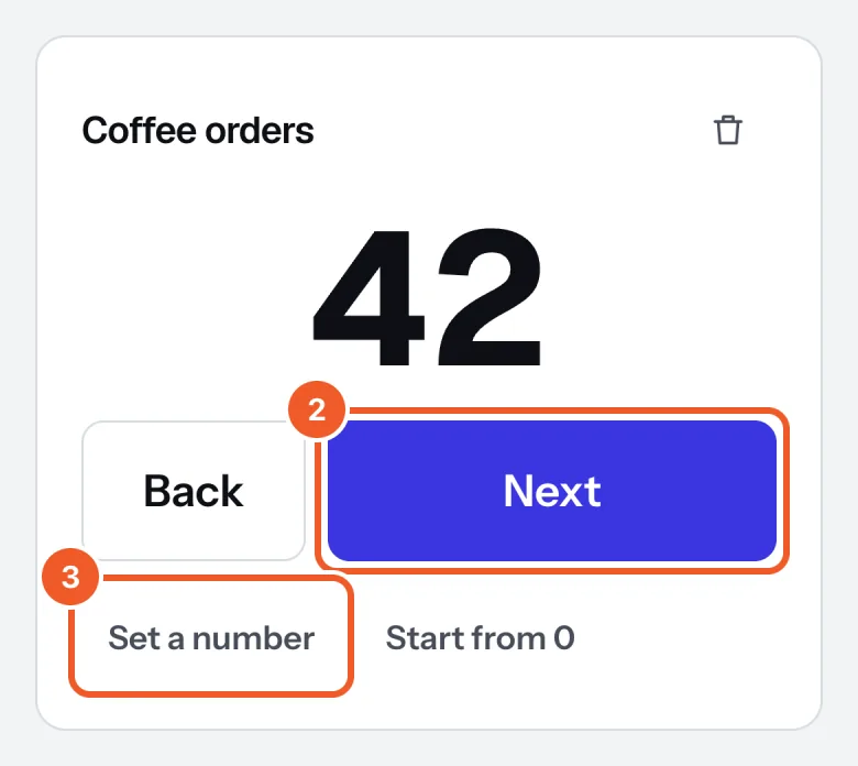 A counter on the Now serving page on a phone, showing 42, with Next marked 2 and Set a number marked 3.