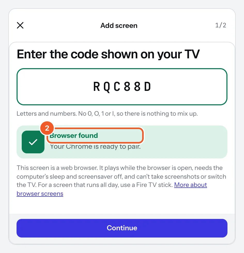 Add screen with a browser’s code typed in: Browser found (marked 2), and a note on what a browser screen can’t do.