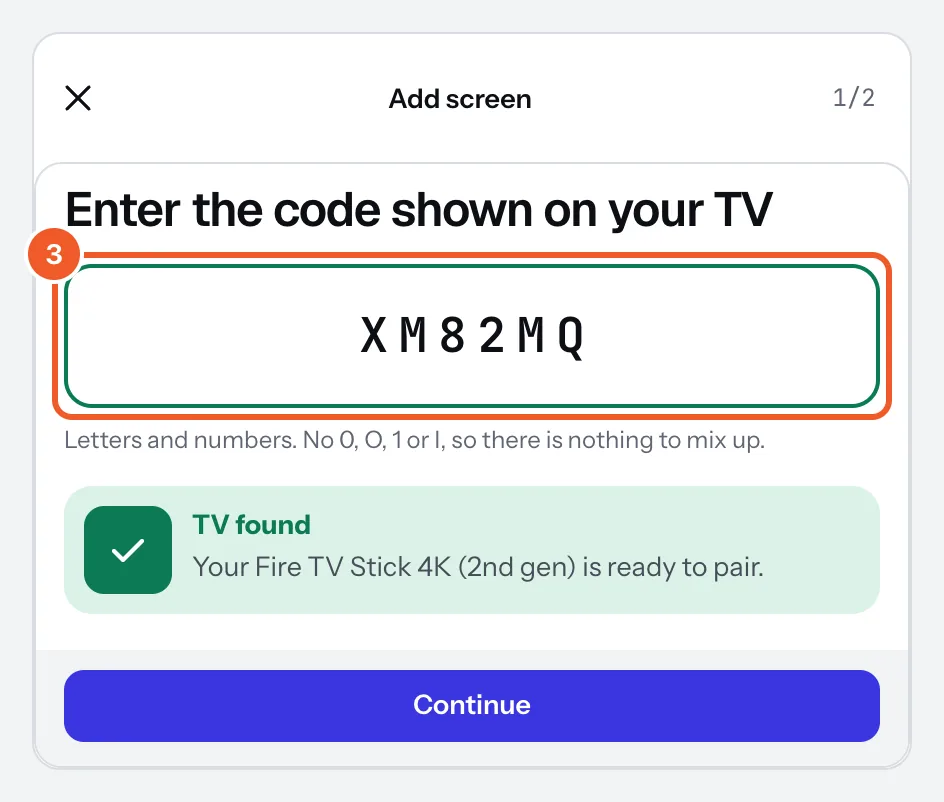 Add screen, step 1 of 2: the TV’s code typed in the box, marked 3, and TV found underneath.