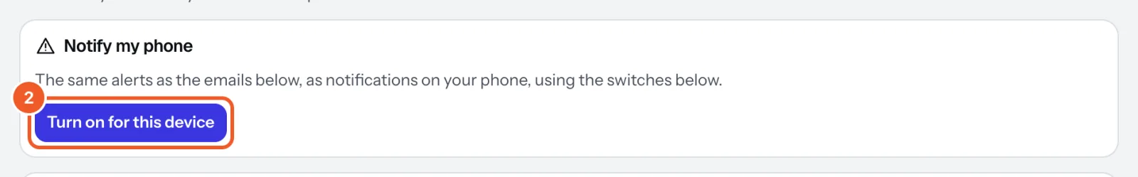 The Notify my phone card on Health, with the Turn on button marked 2.