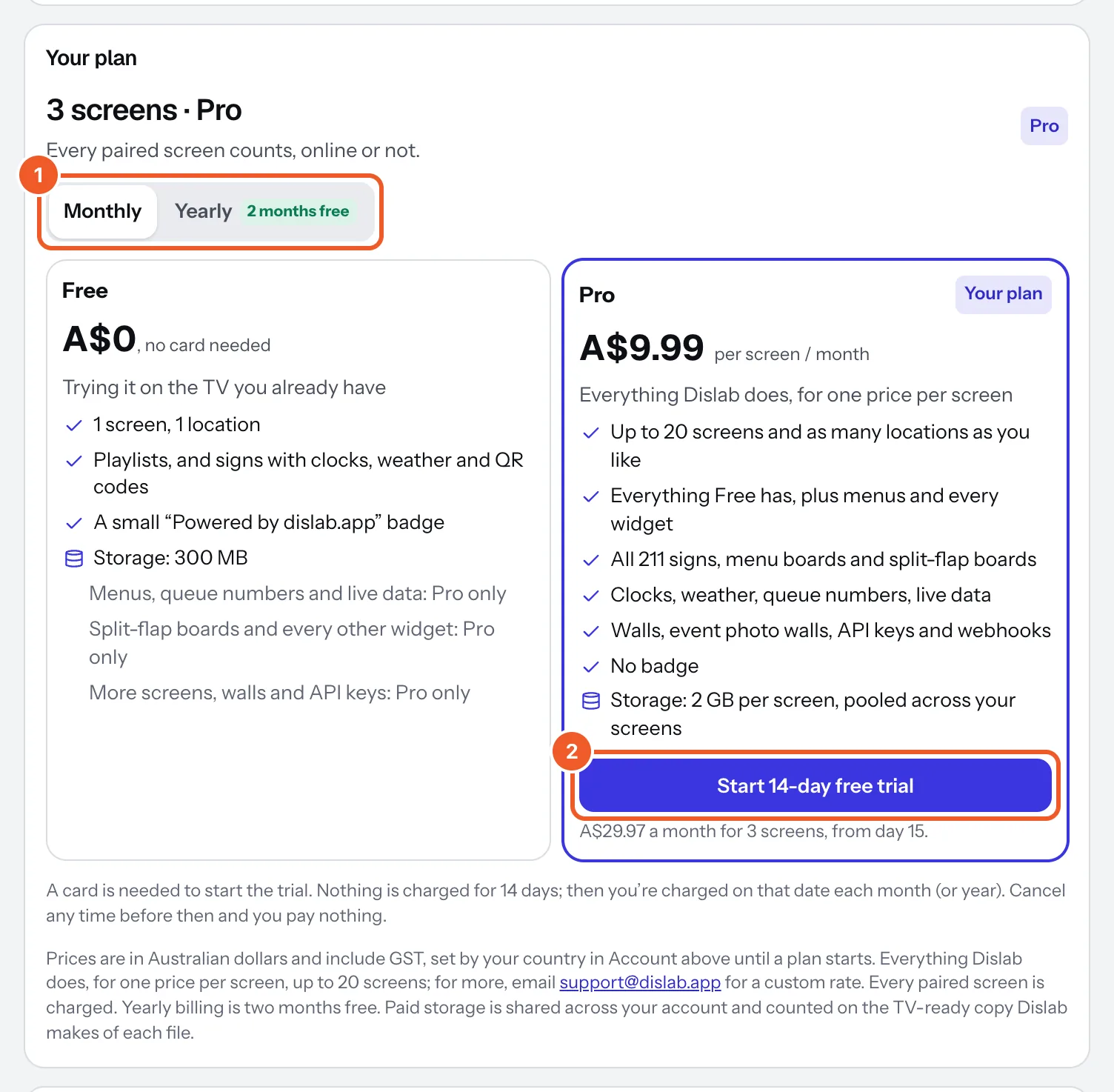 Your plan in Settings: Monthly or Yearly (1), the Free and Pro plans, and Start 14-day free trial under Pro (2).