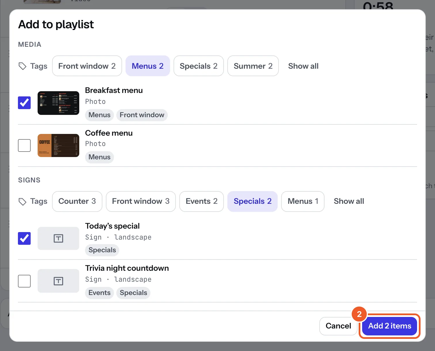 The Add to playlist box with media narrowed to the Menus tag and signs to Specials, Breakfast menu and Today’s special ticked, and the Add 2 items button marked 2.