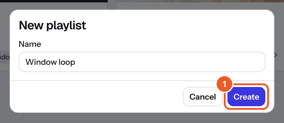 The New playlist box with a name typed in and the Create button marked 1.