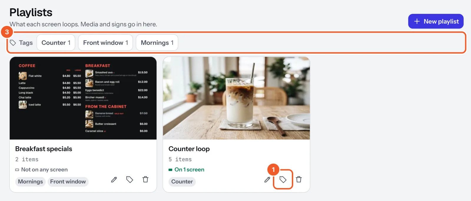Playlists with the Tags row (marked 3) and the tag button on the Counter loop card (marked 1).