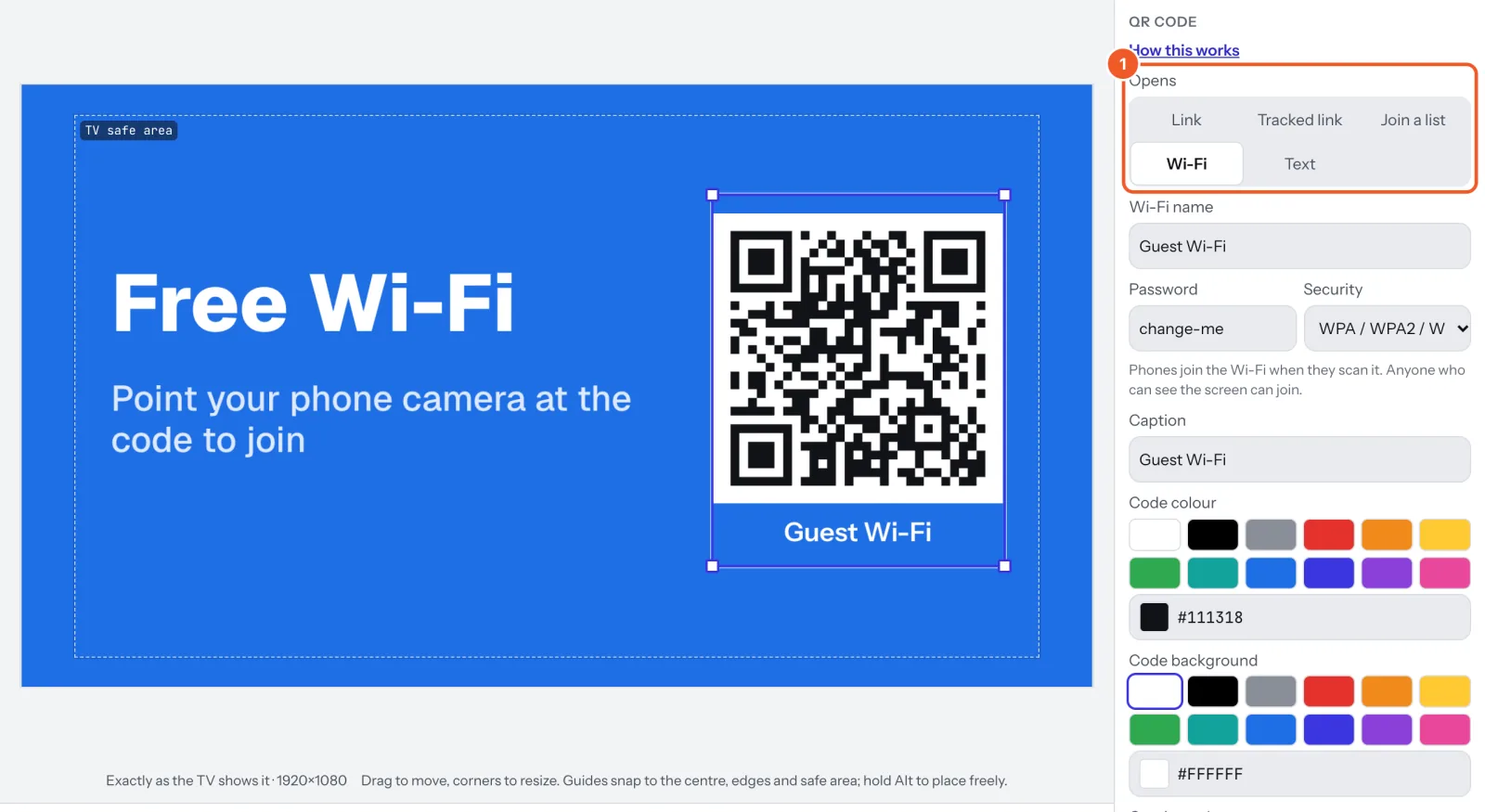 A Wi-Fi QR code selected on a sign, with Opens marked 1 and the Wi-Fi name, password and caption below.