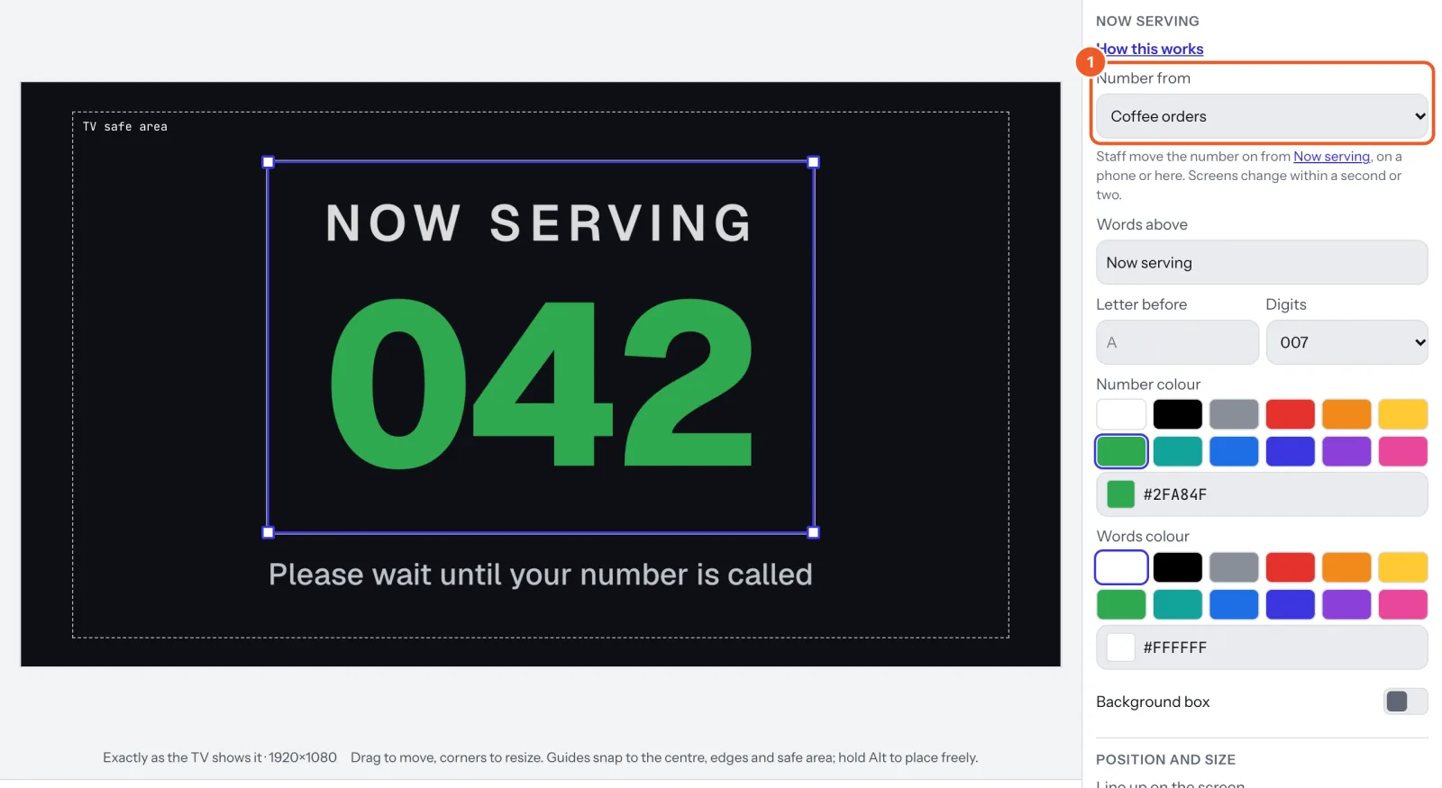 A Now serving number on a sign showing 042, with Number from marked 1 in its settings.