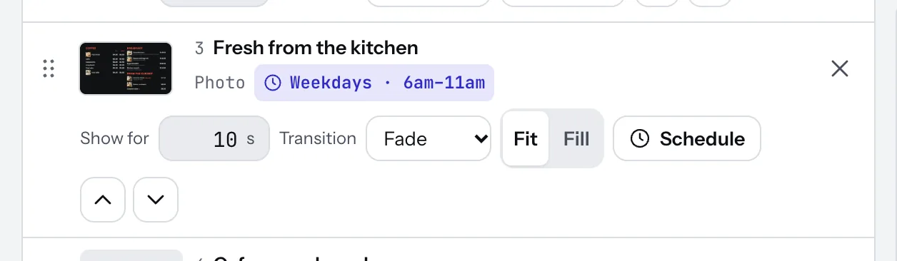 A playlist item showing its schedule, Weekdays 6am to 11am, on the row and on its Schedule button.