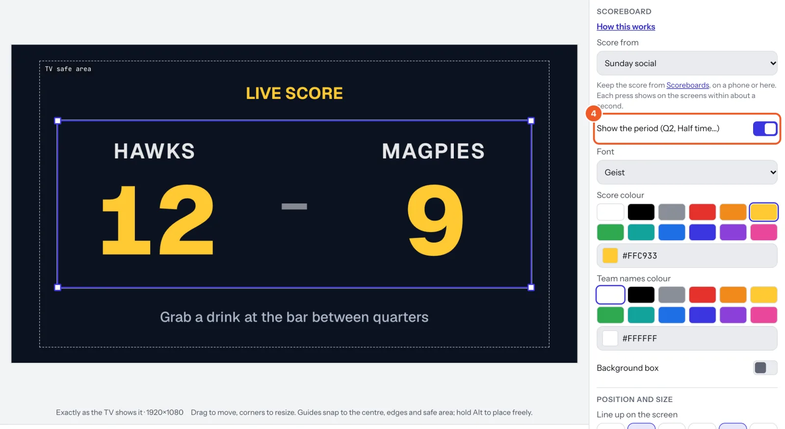 The scoreboard on a live score sign, with Show the period marked 4 in its settings.