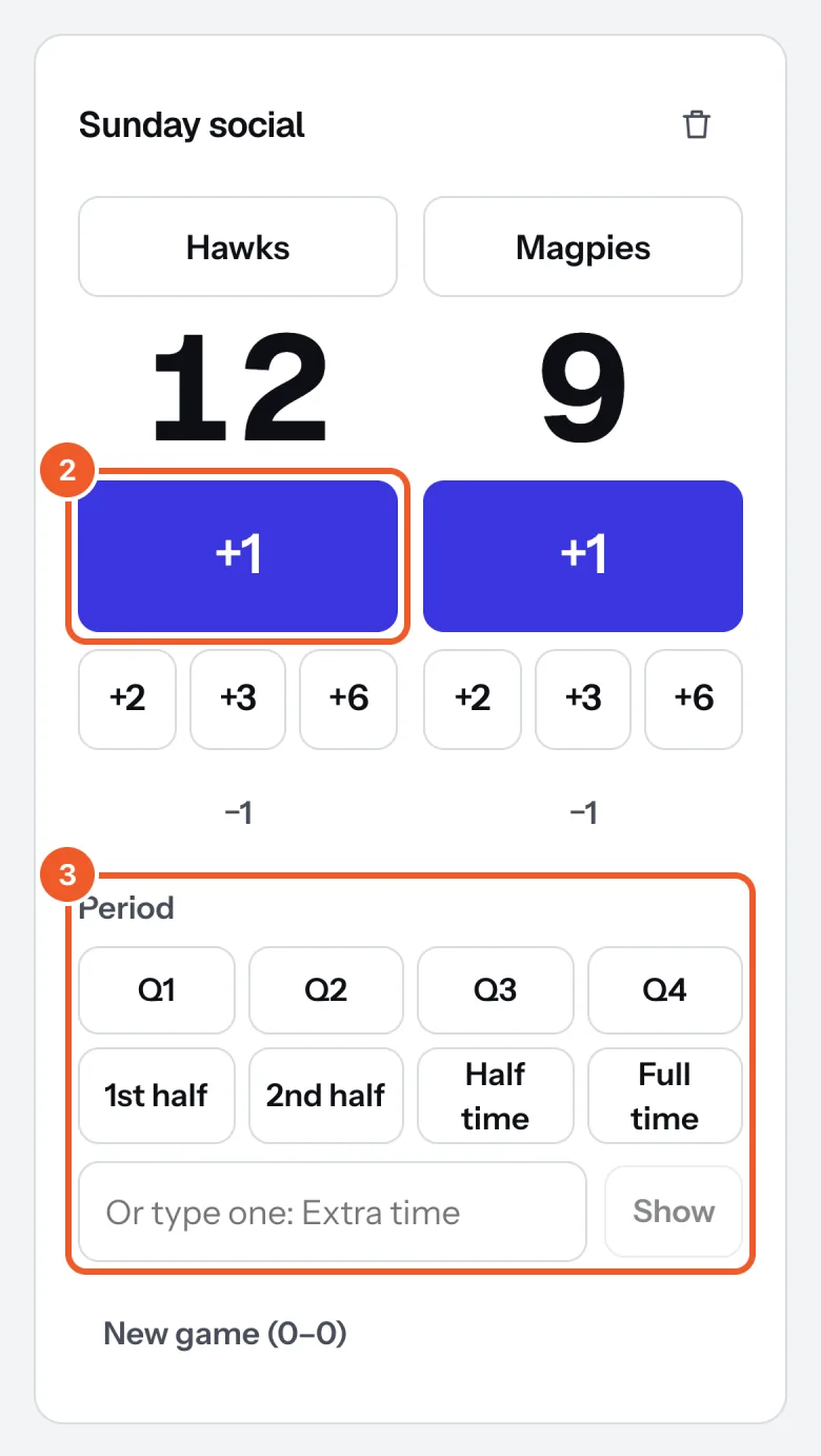 A scoreboard on a phone, Hawks 12 Magpies 9, with the +1 button marked 2 and the Period buttons marked 3.